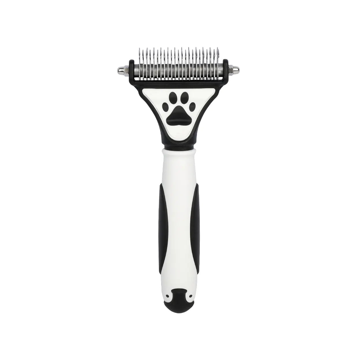 Black and white dog dematting comb with ergonomic handle and paw print design - HoodHound grooming tool