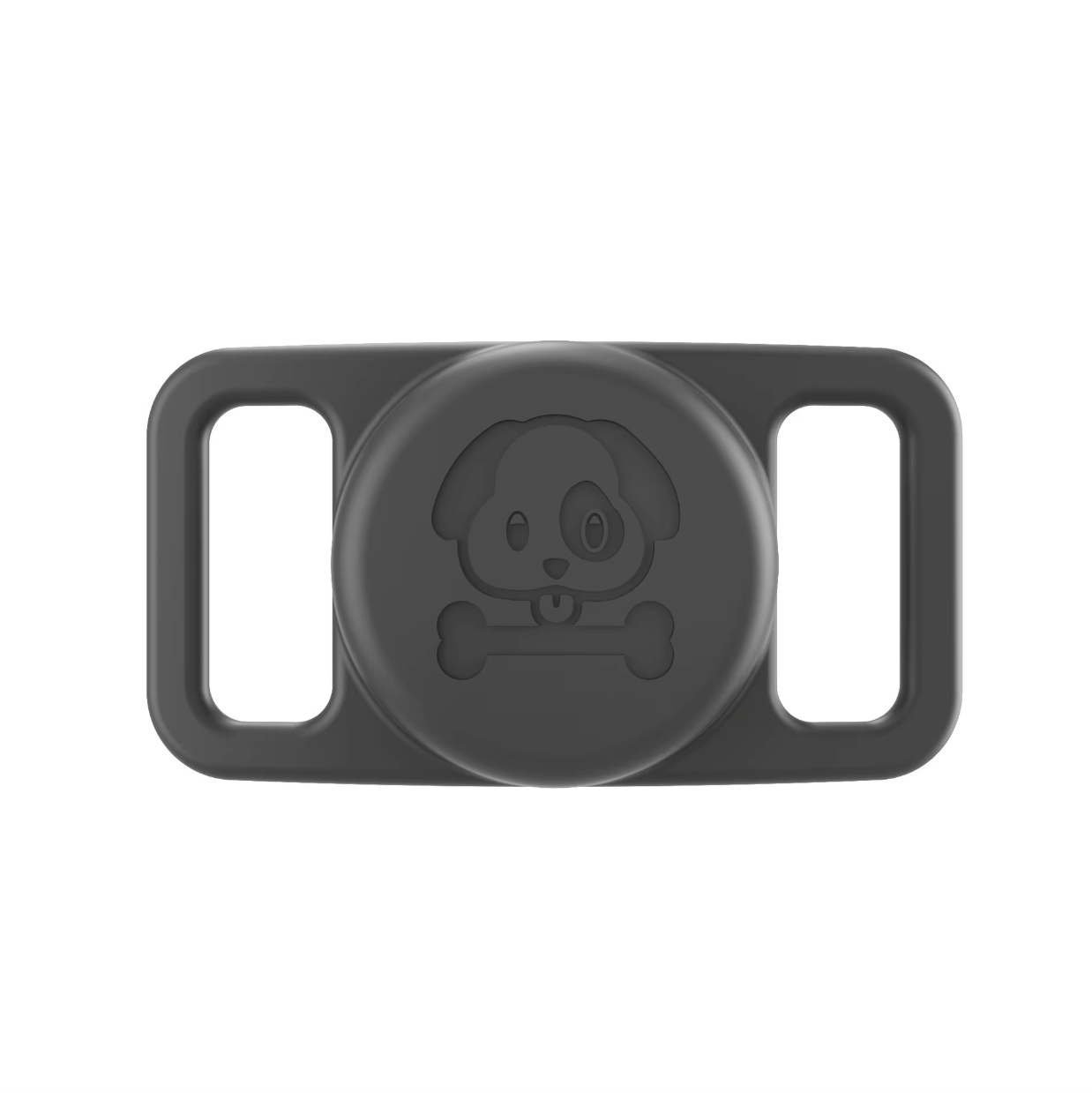 Black AirTag holder for dog collars with embossed cartoon puppy and bone design - HoodHound accessory