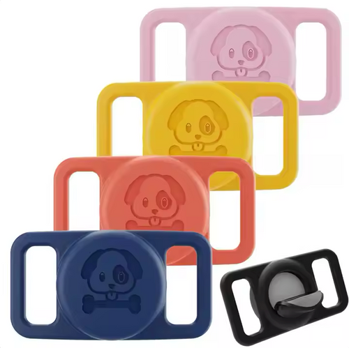 A series of Airtag waterproof dog collar accessories in pink, yellow, blue, and black colors, designed to hold a pet tag securely on a collar.