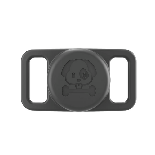 Black AirTag holder for dog collars with embossed cartoon puppy and bone design - HoodHound accessory